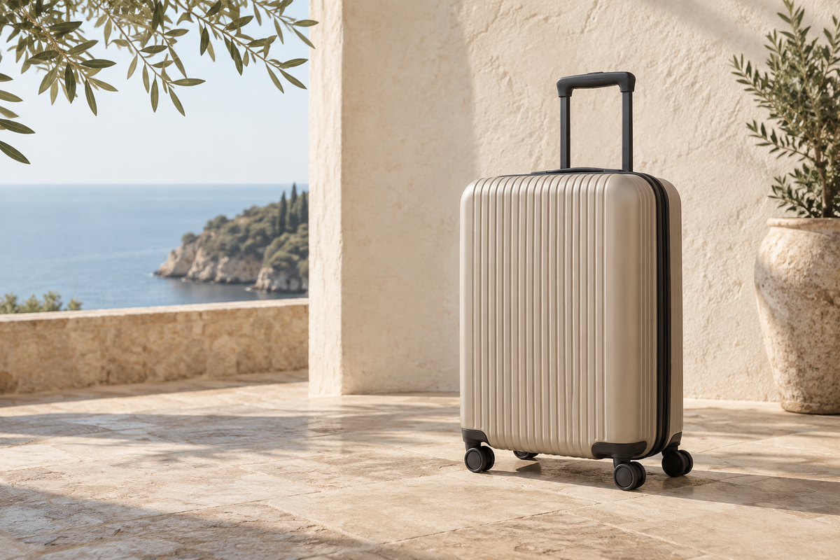 Valise champagne sur une terrasse en pierre au bord de la mer